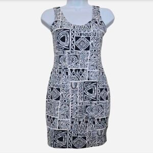 Vintage 90s tribal Abstract design bodycon Black White Mini Club dress